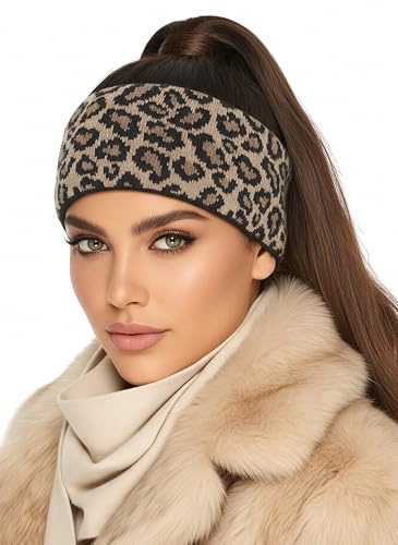 Baesics Bandeau léopard taupe pour homme et femme, chaud et élastique, cache-oreilles unisexe avec doublure en polaire, finition de qualité supérieure, taille unique