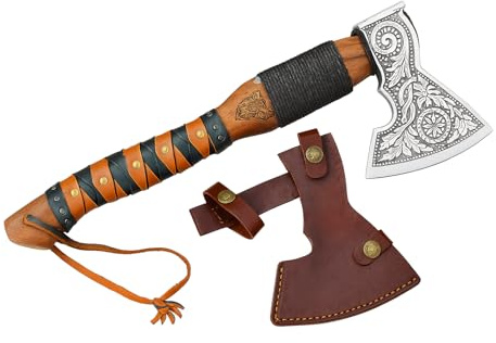 Novahaven Falkir – Lussuosa ascia forgiata a mano in acciaio inox con incisione, manico in legno di rosa e fodero in pelle – ascia da campeggio in stile vichingo Bush craft, idea regalo per uomini