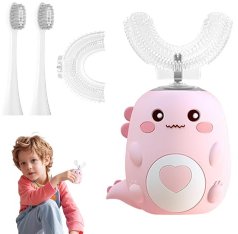 Hojalis Spazzolino Elettrico a Forma Di U per Bambini, Spazzolino Denti per Bambini Con 1 Testine in Silicone a Forma Di U,Spazzolino Elettrico Per BAmbini A 360º, Spazzolino Sonico