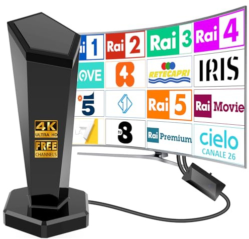Antenna TV Interna, Antenna TV Esterno, Ricezione 360° fino a 500 km con Base Magnetica,Supporto HD/4K/1080,adatta per la ricezione di canali locali