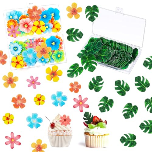 Lores de Papel de Oblea para Tartas,100 Piezas Decoraciones de Pastel de Fiesta de Flores,Decoración de Cupcakes de Boda,Hojas Tropicales Cake Topper,para Cumpleaños,Bodas,Fiestas,Cupcakes
