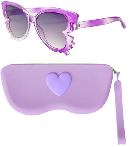 HTTDSLF Lunette Soleil Enfant, Protection UV400 Lunettes de Soleil Fille Lunette Schmetterling et etui Lunettes Souple pour Festival Piscine Fête de Vacances à La Plage