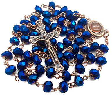 Nazareth Store Tiefblaue Kristallperlen-Rosenkranzkette für katholisches Gebet, mit Jerusalemer Heiliger Erde-Medaille, Kreuz, Heiliges Land, antike religiöse Rosenkranzperlen-Kollektion