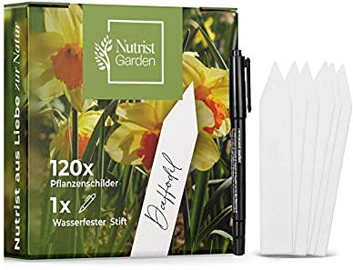 Pflanzenschilder 120x Plastik Scharf - Premium Pflanzenetiketten im Set mit Stift - Pflanzenschilder Plastik zum Beschriften wetterfest - Plastik Stecketiketten zum Beschriften von Nutrist