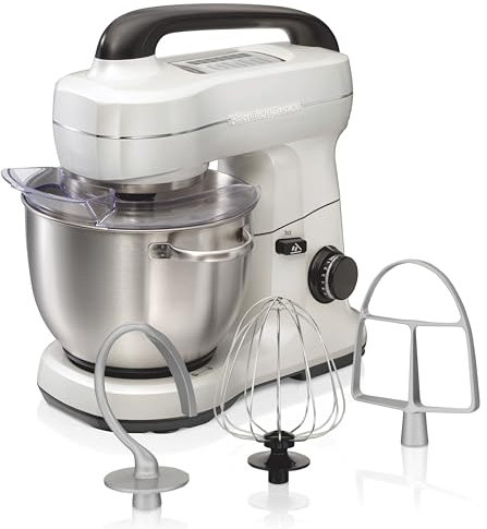 Hamilton Beach Electric Stand Mixer, 4 Quarts, Dough Hook, Flat Beater Attachments, Splash Guard, 7 Speeds with Whisk, Easy-Carry Top Handle, White