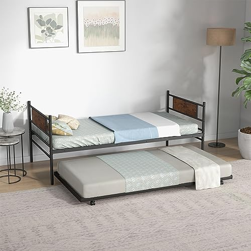 GOFLAME Twin Daybed and Trundle Set, Metal Daybed with Trundle with 4 Built-in Casters, Steel Slats Support, Space-Saving & Multifunctional, Sofa Bed Trundle, Easy Assembly