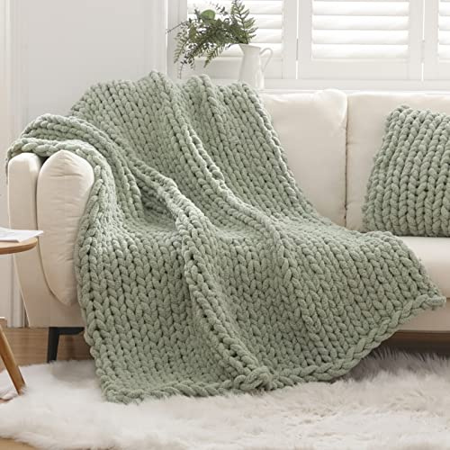 WESHIONGOO Chunky Knit Blanket Throw 50×60 Knitted Throw Blankets for Couch Bed Fluffy Soft Blanket with Jumbo Chenille Yarn Thick 100% Handmade (Sage Green)