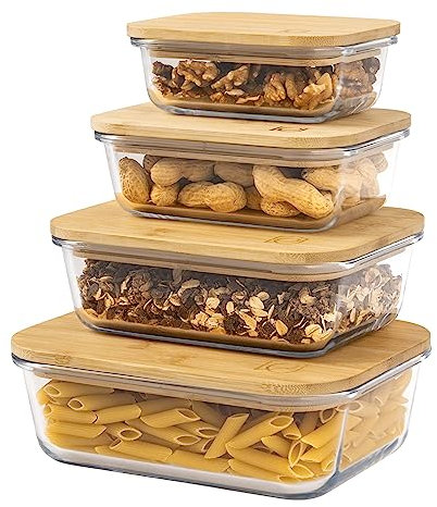 eluno Glas Aufbewahrungsdosen 4er-Set inkl. Bambusdeckel, Frischhaltedosen, rechteckig