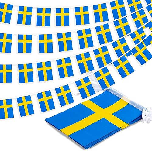 Sverige String Flagga Vimpel Banner, Liten Mini Svenska Flaggor Bunting Banner, Nationell Landsdekoration för Skola, Fest, Sportevenemang, 10 meter 30 Flaggor