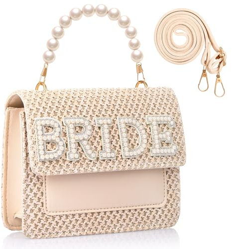 Abbylike Bride Purse Bridal Beach Straw Bag with Pearls Handle Clutch Purse Women Gifts for Wedding Bachelorette Honeymoon