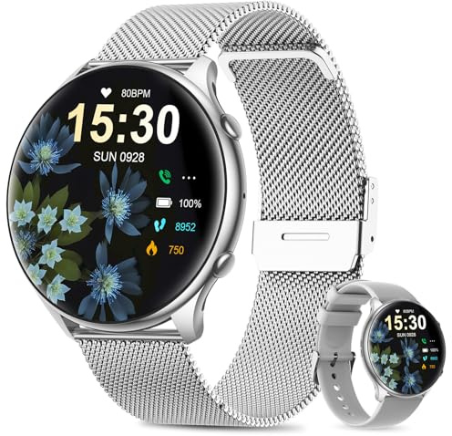 SLOKSFil Montre Connectée Femme Ronde avec Tension Artérielle/Sommeil Moniteur/Cycle Menstruel/Fréquence Cardiaque/Podometre, 1,39 Smartwatch avec Appel Bluetooth pour iOS Android (Argenté)