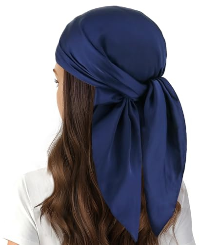 Vimate Navy Blue Satin Scarf - Ladies 27'' x 27'' Square Dark Blue Silk Like Head Scarf for Women Hair Wrap Bandana Handbag Purse Accessory (Style 82)