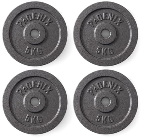 Phoenix Fitness Cast Iron Weight Plates - 1-Inch Free Weight Plate for Barbell Dumbbell Bars, Weightlifting & Strength Training at Home Gym - Set of 4, 5kg