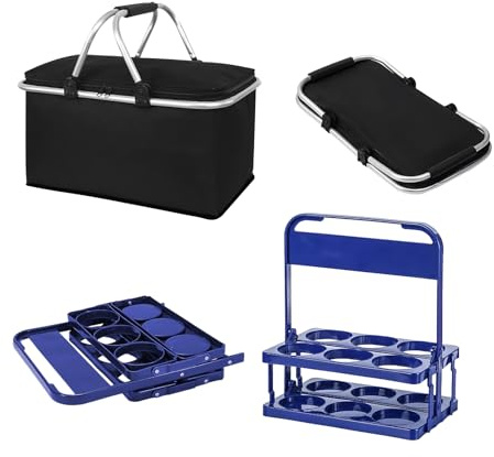 30L Einkaufskorb,Einkaufskorb Faltbar,Korb,Kühltasche Faltbar,Flaschenträger 6 Flaschen,Körbe + 2 Bierträger, Picknick/BBQs/Camping/Ausflügen/Einkaufen (Schwarz, Einkaufskorb + Bierflaschenträger)