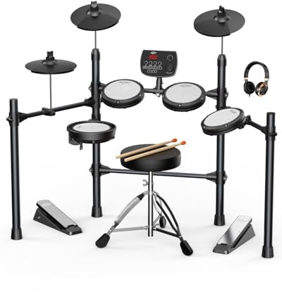 AiJoy Electric Drum Set with Quiet Mesh Pads, 5 Drums, 3 Cymbals, Dual-Zone Snare, USB MIDI, Intelligent Sound Module, Drum Throne, Headphones, Sticks, 25 Kits & 195+ Sounds for Beginners & Adults