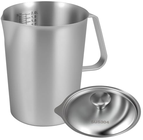 Milk Frothing Pitcher 2L Stainless Steel Milk Jug with Handle and Lid Rust Proof Large Mouth Metal Graduated Beaker with Clear Marking Barista Accessories for Making Cappuccino Latte Espresso