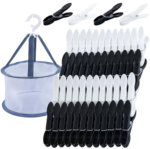 KEYBOO Clothes Pegs for Washing Line with Bag, Black White Laundry Pegs Extra Strong Washing Line Peg Basket for Washing Line, Plastic Clothes Pegs and Bag Set Cinch Clips for Home and Garden（48 Pcs ）