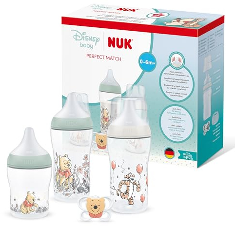 NUK Perfect Match Newborn Baby Bottles & Dummy Set | 0-6 Months | 3 x Anti-Colic Feeding Bottles (150ml, 260ml), 1 x Perfect Match Air Dummy | Disney Winnie The Pooh | 4 Count