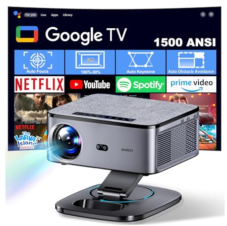 【1500 ANSI/Google TV/Auto Focus】 XIWBSY Videoprojecteur 4K Supporté, 38000 Lumen FHD, 360° Rotation, Projecteur Video Contrôle Vocal, Retroprojecteur WiFi6 Bluetooth 5.3, Projector Home Cinéma
