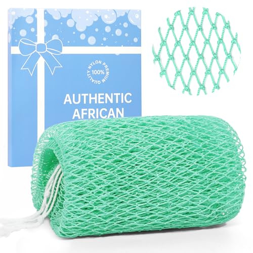 MuiiuM African Net Sponge Authentic with Knots, Colourfast Exfoliating Bath Sponge, Strong Mesh Body and Back Scrubber, Quick Dry Shower Net, 30+ Colours for Women Men(Mint Green)