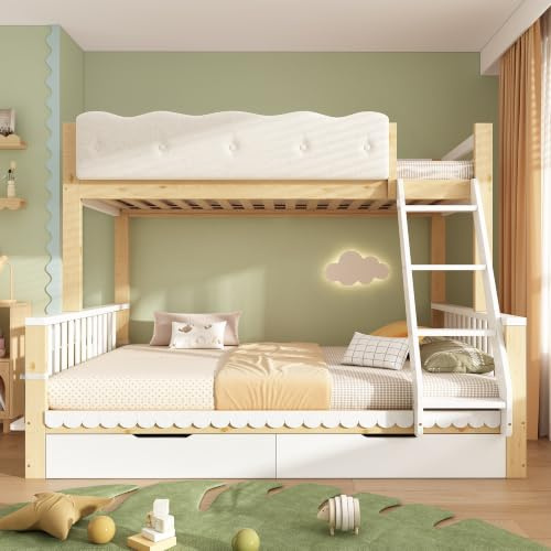 Merax Double Bunk Bed,Children's triple sleeper Bunk beds,with Ladder&Drawers&Side Bookshelf&Fall Protection and Railings, for Family with Multiple Children, Solid Wood, White&Natural(90+135) x190cm