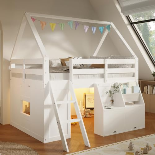 Kebnor Cama alta con forma de casa con escalera, iluminación LED, cajas de almacenamiento con tapa abatible y bolsillos de tela, color blanco