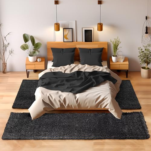 Tappeto stile Shaggy a pelo lungo, set da 3 pezzi - Scendiletto, per camera da letto, Polipropilene, Anthrazit, 2x60x110+1x80x150