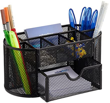 Relaxdays Organizer da Scrivania da Ufficio, con Portapenne e Cassetto, Rete in Acciaio, HxLxP: 10,5x22x11cm, Nero