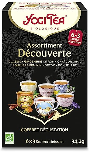 YOGI TEA – Assortiment Découverte – Coffret Dégustation 6 Variétés : Chai Classic, Gingembre Citron, Chaï Curcuma, Équilibre Féminin, Détox & Bonne Nuit – Infusions Bio & Bien-Être – 18 Sachets