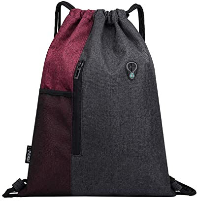 LIVACASA Sacca Sportiva Palestra Coulisse Tasche con Cerniera Sacca Sportivo da Viaggio Idrorepellenza Borsa a Sacco Leggero per Uomo Donna Borsa Coulisse con Buco delle Cuffie Vino Rosso 33x43cm