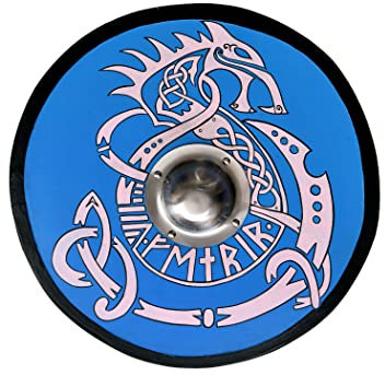 Battle-Merchant | Rundschild mit Fenrir-Motiv | handbemalter Wikingerschild aus Holz | 61cm (24 Zoll) | Wikinger Mittelalter Schild für Erwachsene