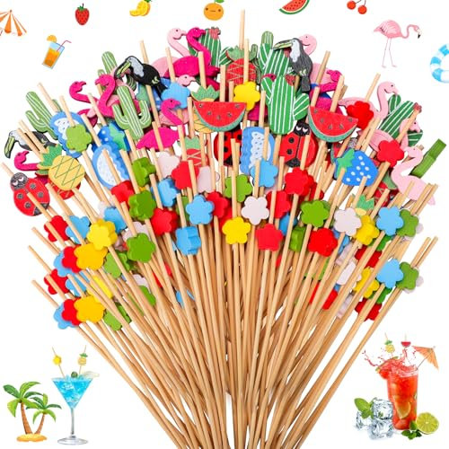 Teokantz 200 Piezas Palos de Cóctel de Madera, Brochetas de Bambú para Frutas, Palillos de Dientes de 12 cm para Aperitivos, Pinchos de Comida para Dedos, Decoración de Fiesta de Frutas