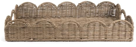 happimess TRY1000A Scalloped 21.5 Southwestern Cottage Hand-Woven Rattan Tray with Handles for Storage,Decoration, Display, Coffee Table or Serving Food, Natural