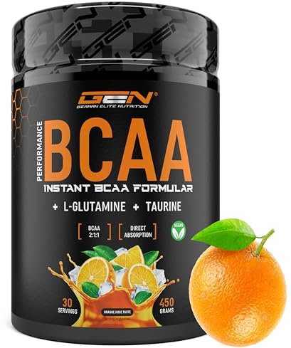 BCAA 450 g Pulver - Instant BCAAs + L-Glutamin + Taurin - Lecker & super Löslichkeit - Vegane Aminosäuren - 2:1:1 Ratio - (Orange Juice)