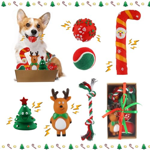 dellyy Juguete Cuerda Perro Navidad*8pcs, Juguete Masticable para Perros Navidad, Cuerda de Juguete Masticar Navidad, Navidad Squeaky Juguetes Perros, Juguete Interactivo Masticar Perro de Peluche