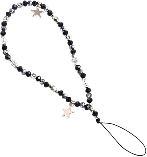 Cldaisy Black Five-Pointed Star Pendant Beaded Phone Chain,Romantic Colorful Mobile Phone Strap Detachable Lanyard，Cell Charms Décor