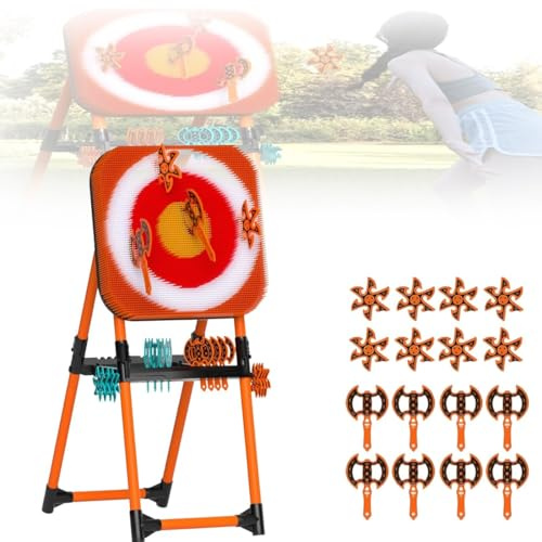 JLOZDM Set Jeu Lancer de Hache & Dard de Pelouse 2-en-1，8 Haches Longues，8 Dards Six Étoiles，Cible 150mm Pliante Réglable Résistante，Amusement Famille Innen/Extérieur(Orange)