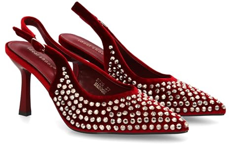 shoes&blues.es 96335 Zapatos de Salon Elegante con Punta Fina y Pedreria, Tacon Fino y Cierre de Hebilla. Ideales para Mujer en Eventos de la Temporada Otono Invierno. Burdeos Talla 38