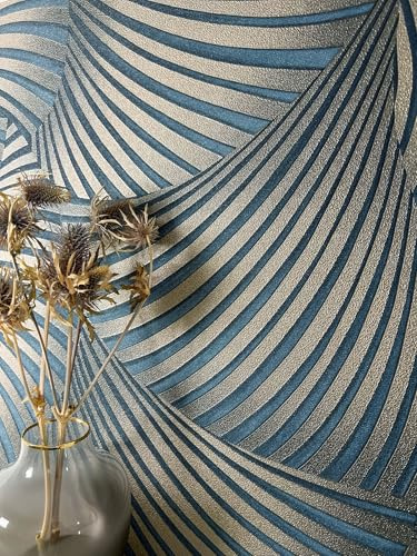 Newroom Papier Peint Intissé Vinyle Bleu Graphique Éventail Géométrique Moderne Lignes Motif Salon Chambre