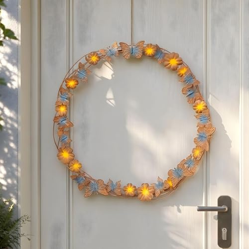 levandeo Ghirlanda per porta in metallo con farfalle, 40 cm, effetto ruggine, decorazione vintage, decorazione per porta da giardino, effetto ruggine