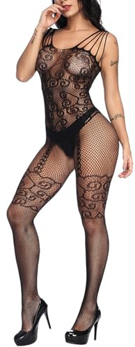 Buitifo Womens Fishnet Body stocking Plus Size Crotchless Bodysuit Sexy Tights Soft Nightwear Lingerie(Black 06,M)