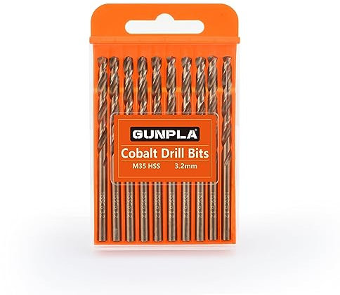 Gunpla Cobalt Drill Bits 3.2mm 10Pcs, M35 HSS Metric Straight Shank Jobber Drill Bit Set with Plastic Case for Hardened Stainless Steel, Metal, Aluminium, Tile, Wood, Plastic and Cast Iron