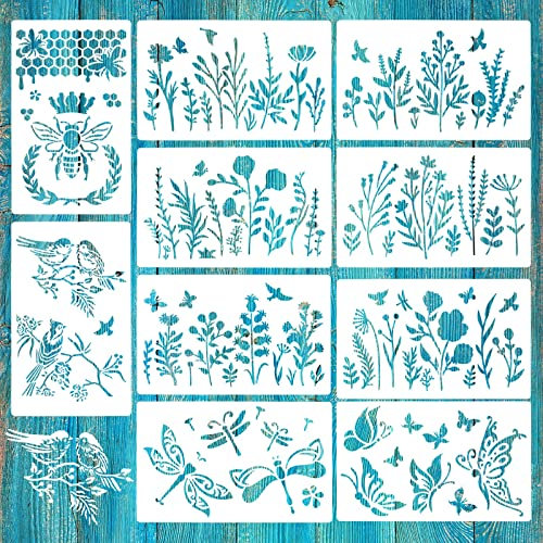 Laughhe 10 Stück Blumen Schablone, Wildblumen Schablonen Stencil Bienen, Vögel, Blätter, Schmetterlinge, Zeichenvorlagen, Wiederverwendbare Malschablone für Wand Leinwand Möbel DIY Home Decor