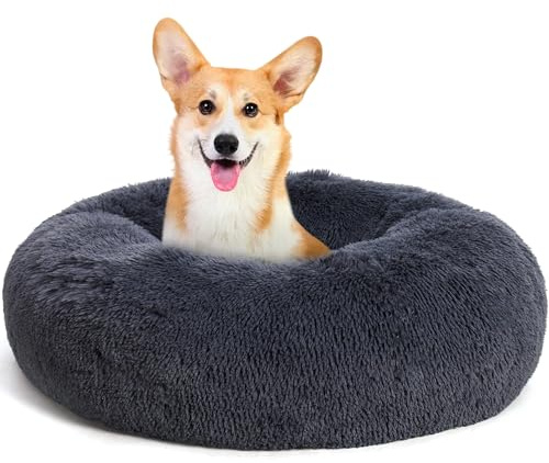 HMTOPE Ortopedisk bädd rund hundkudde soffa säng kattbädd munk mysig tvättbar hundkorg, 70 cm Ø, mörkgrå
