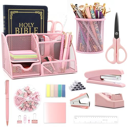 12-in-1 Schreibtisch-Organizer und Zubehör-Set, rosa Bürobedarf, inklusive Hefter, Stifthalter, Klebebandhalter, Heftklammern, Schere, Lineal, Heftklammerentferner für Zuhause und Schule