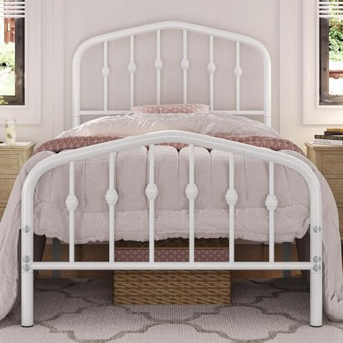 Yaheetech Bettrahmen 90 x 200 cm, Vintage Metallbett mit kronenförmigem Kopfteil, Stabiles Bettgestell Einzelbett aus Metall, Robust & Leichte Montage Gästebett Jugendbett Tagesbett, Weiß