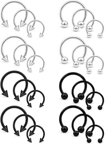 Dyknasz 16G Variety of Sizes Horseshoe Rings Surgical Steel Nose Septum Horseshoe Hoop Earring Eyebrow Tragus Lip Rings Daith Helix Piercing Jewelry for Women Men 24Pcs