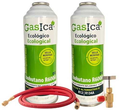 All4Sale Gas Refrigerante Orgánico Ecológico GASICA D2 Compatible con R134A y R12 – Pack de 2 Envases de 226 g con Válvula y Manguera para Automoción