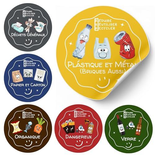 LiveLaif®- Ø10 cm- Kit 6 Autocollants Poubelle de Tri Selectif FRANÇAIS|Vinyle Adhésif| Stikers pour Poubelle Recyclage | Etiquettes bac tri selectif | Colorés,Éducatifs pour Enfants (Ø10cm-Français)