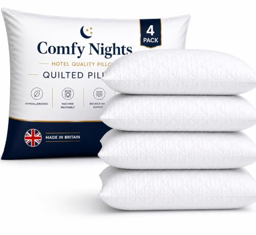 Comfy Nights Hotel Quality Pillows Pack of 4 – Soft Hollowfibre Filled Bed Pillows, Hypoallergenic Bounce Back Support, Quilted Cover, Anti-Allergy Pillows for Side, Back & Front Sleepers- 4 Pack